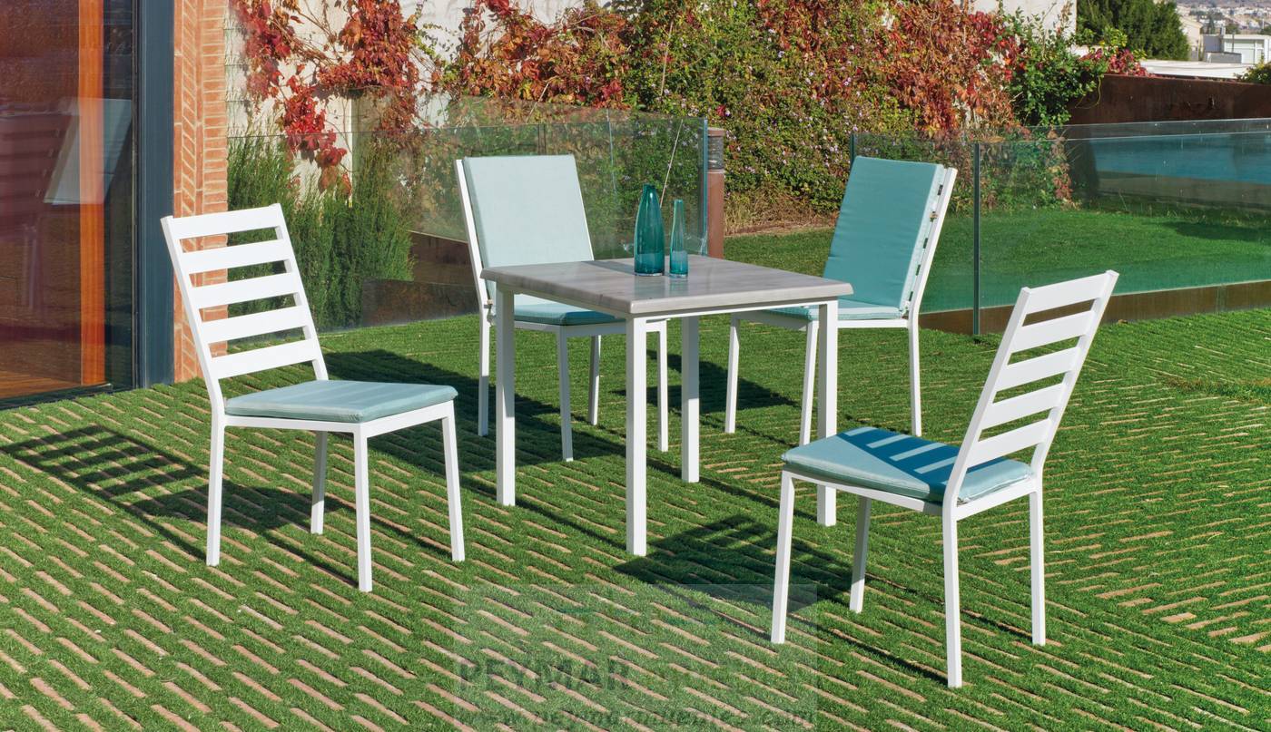 Mesa Margot-80 tablero Heverzaplus - Mesa cuadrada de 80 cm., estructura de aluminio color blanco, plata o antracita y tablero heverzaplus gris imitación mármol