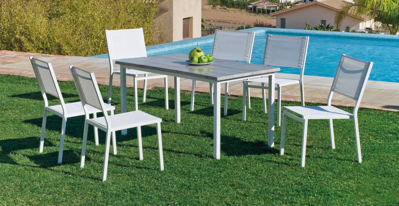 Conjunto aluminio color blanco, plata o antracita: mesa rectangular 120 cm. Con tablero de heverzaplus y 6 sillas de aluminio y textilen