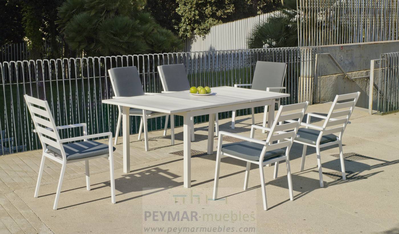 Set Aluminio Palma-170/220 Ext. + 8 sillas - Mesa rectangular extensible de aluminio  con tablero lamas de aluminio + 8 sillas de aluminio. Disponible en color blanco, antracita, champagne, plata o marrón.