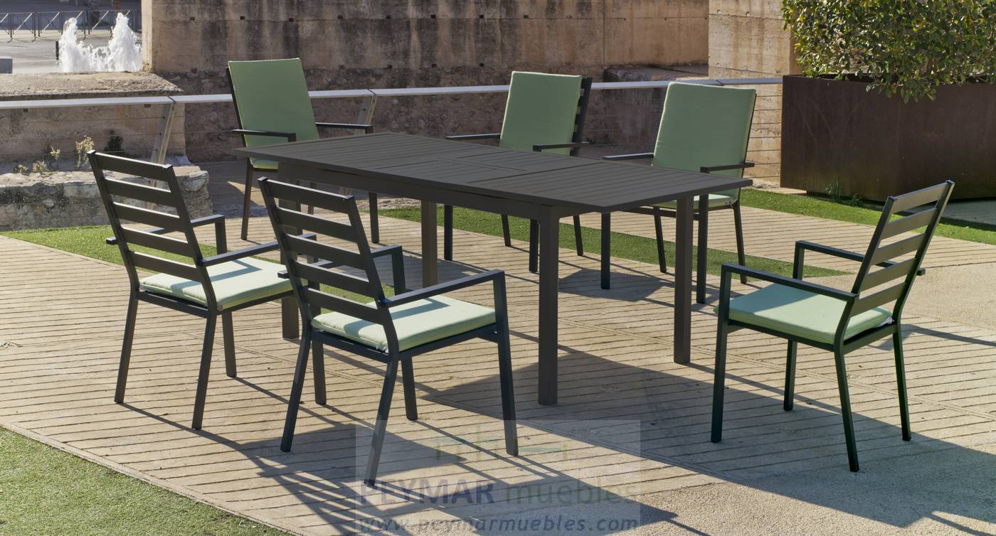 Set Aluminio Palma-170/220 Ext. + 8 sillones - Mesa rectangular extensible de aluminio  con tablero lamas de aluminio + 8 sillones aluminio y textilen. Disponible en color blanco, antracita, champagne, plata o marrón.