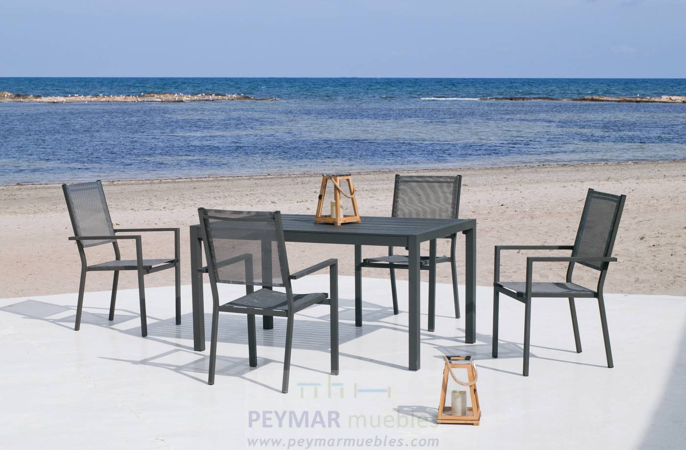 Set Aluminio Palma-170/220 Ext. + 8 sillones - Mesa rectangular extensible de aluminio  con tablero lamas de aluminio + 8 sillones aluminio y textilen. Disponible en color blanco, antracita, champagne, plata o marrón.