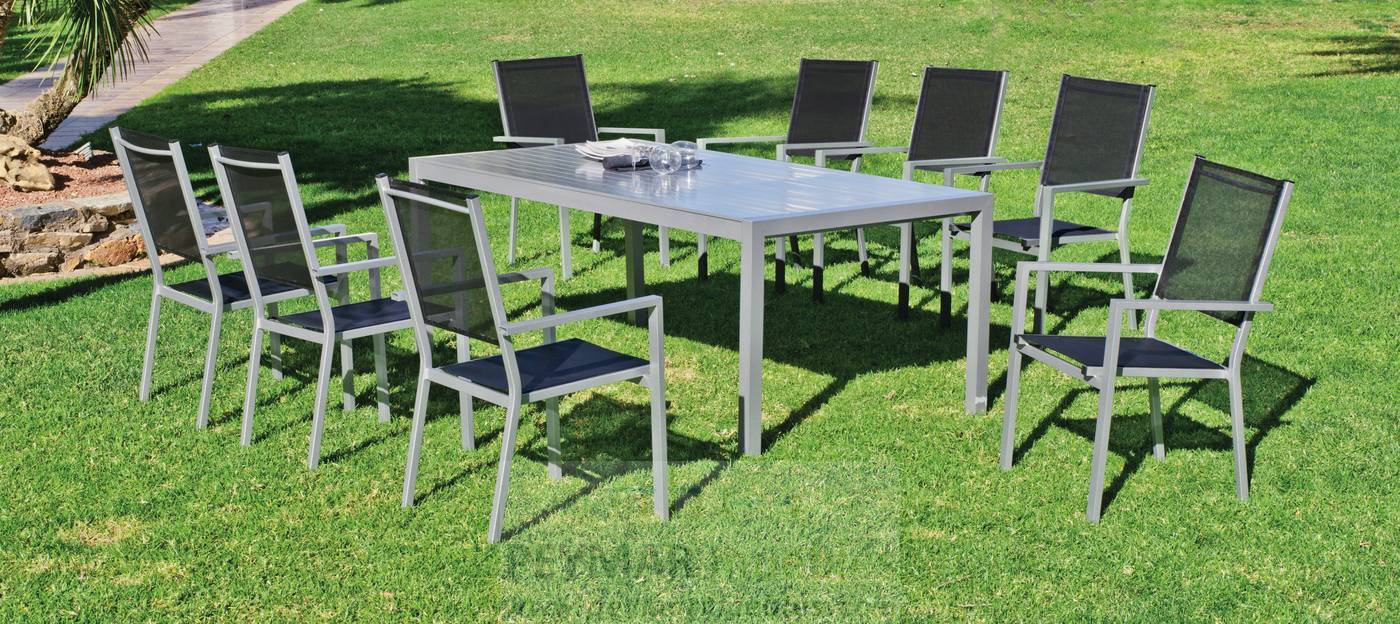 Set Aluminio Palma-170/220 Ext. + 8 sillones - Mesa rectangular extensible de aluminio  con tablero lamas de aluminio + 8 sillones aluminio y textilen. Disponible en color blanco, antracita, champagne, plata o marrón.