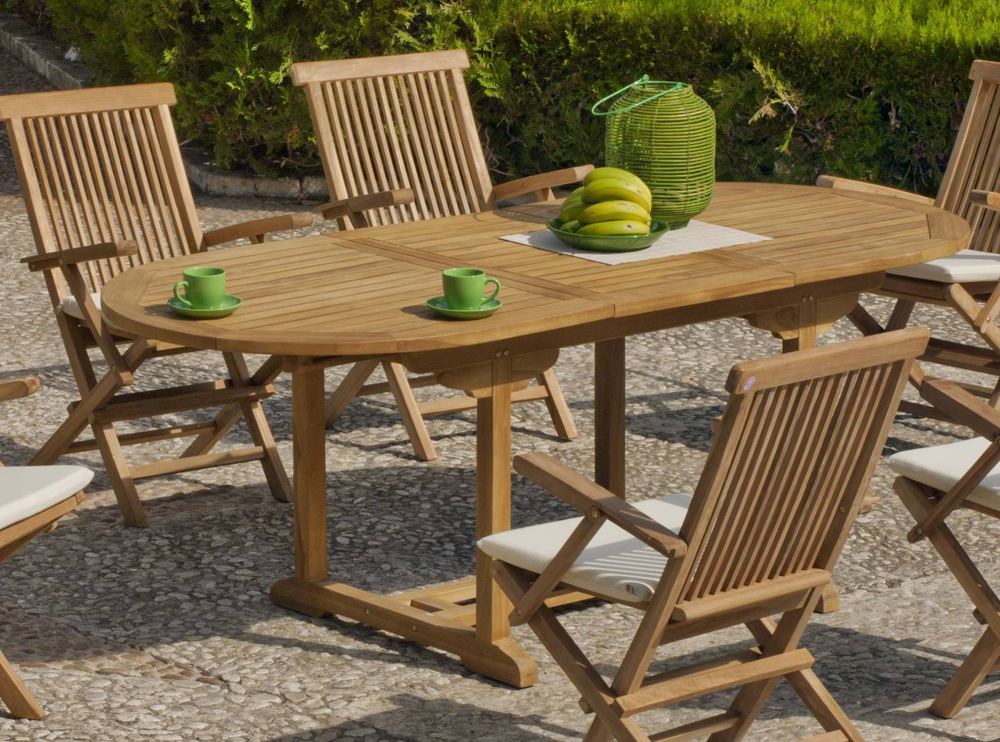Conjunto Teka Samar/Seroni 210-6 - Conjunto para jardín de madera de teka maciza: mesa ovalada extensible de 160 cm a 210 cm y 6 sillones con cojín