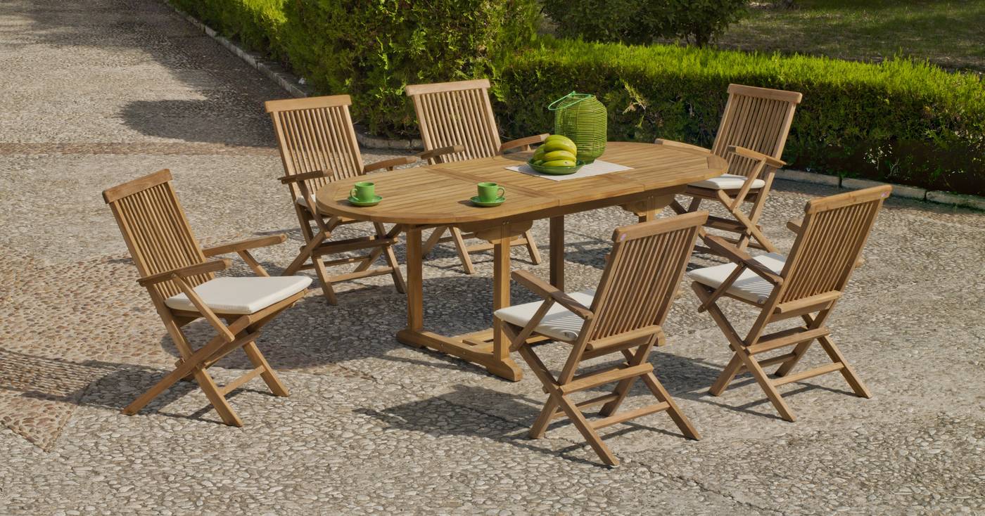 Conjunto para jardín de madera de teka maciza: mesa ovalada extensible de 160 cm a 210 cm y 6 sillones con cojín