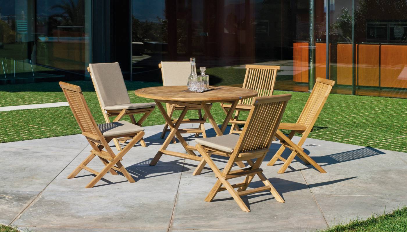 Conjunto Teka Seroni 100-4 - Conjunto de madera de teka: 1 mesa redonda plegable 100 cm. + 4 sillas con cojines asiento