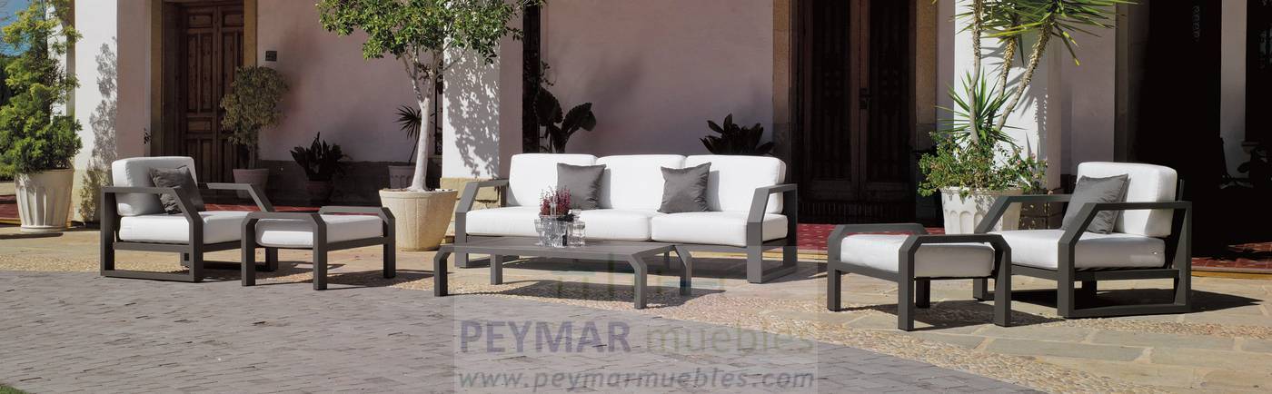 Set Aluminio Luxe Zafiro-10 - Conjunto lujo de aluminio: 1 sofá de 3 plazas + 2 sillones + 1 mesa de centro + 2 reposapiés. Disponible en color blanco, antracita, champagne, plata o marrón