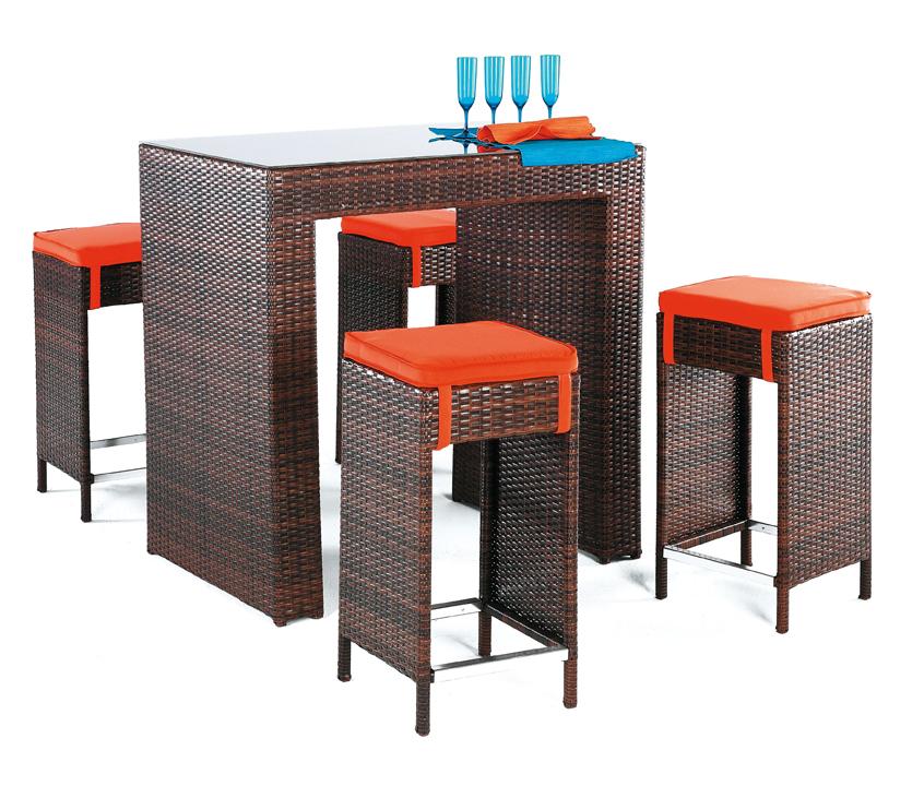 Conjunto bar para jardín: mesa de bar con tapa de cristal templado y 4 taburetes con cojines