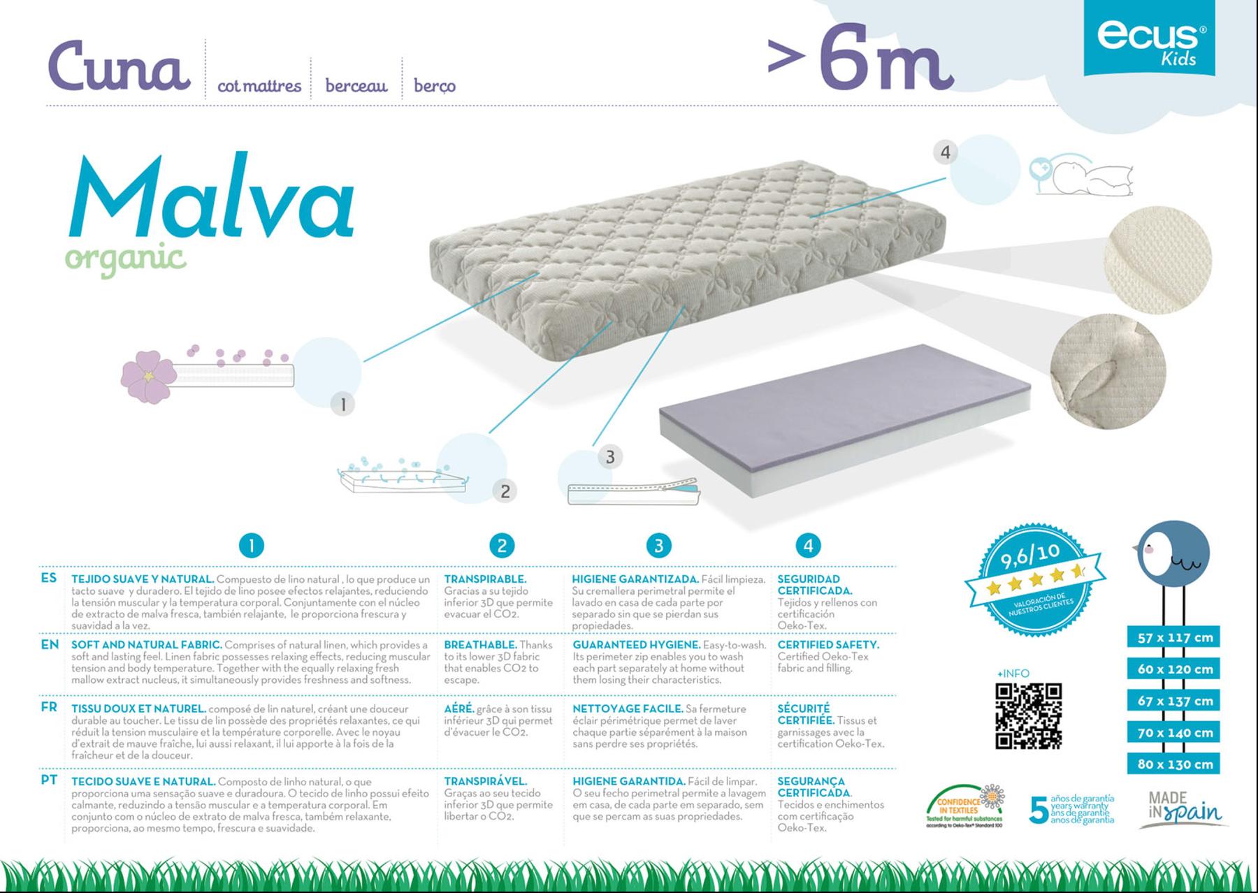 Colchón Cuna Malva Relax - Colchón de cuna fabricado con materiales naturales y ecológicos, con propiedades relajantes.
