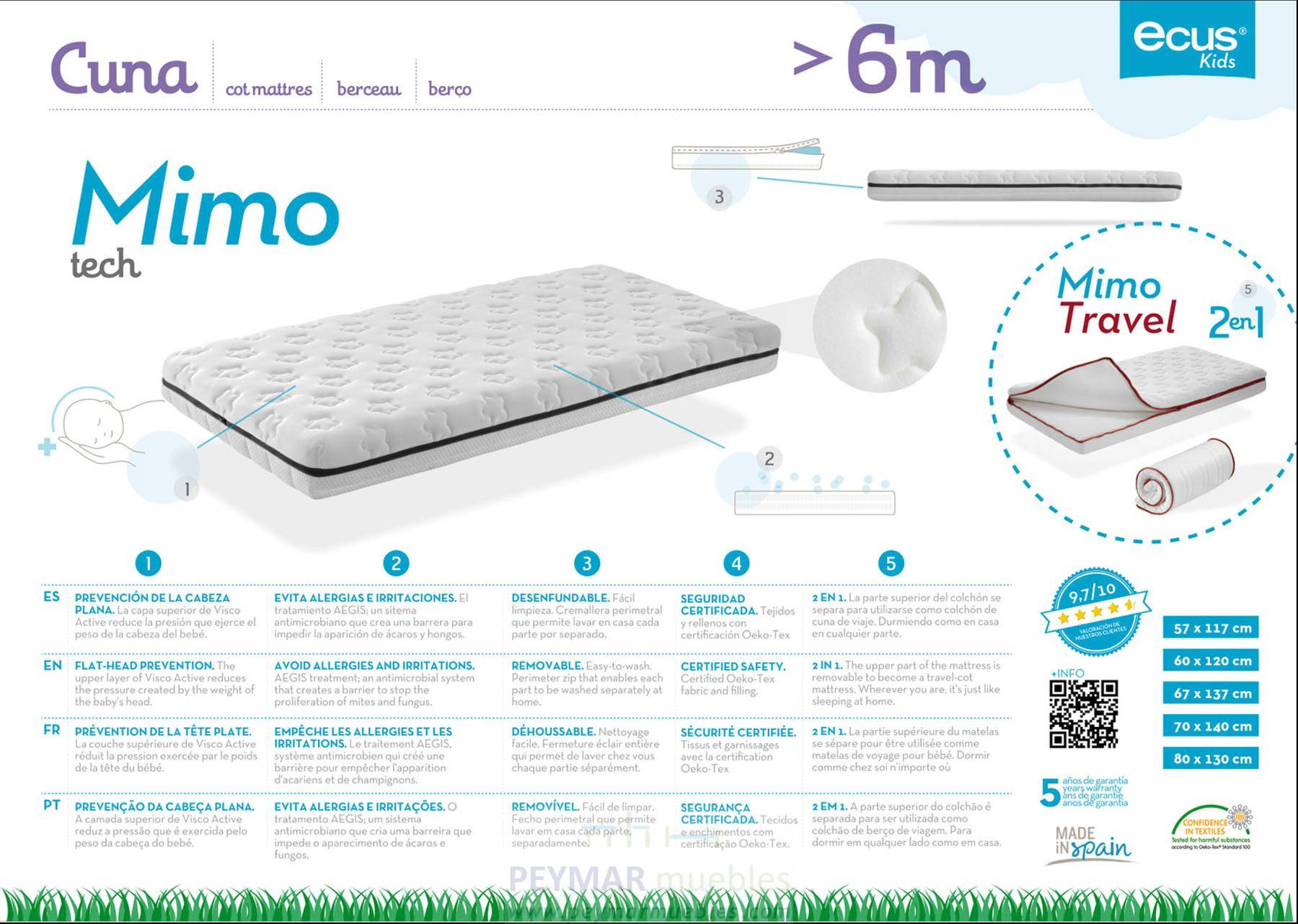 Colchón Cuna Mimo - Colchón de cuna Visco Soft, con tratamiento anti alergias e irritaciones.
