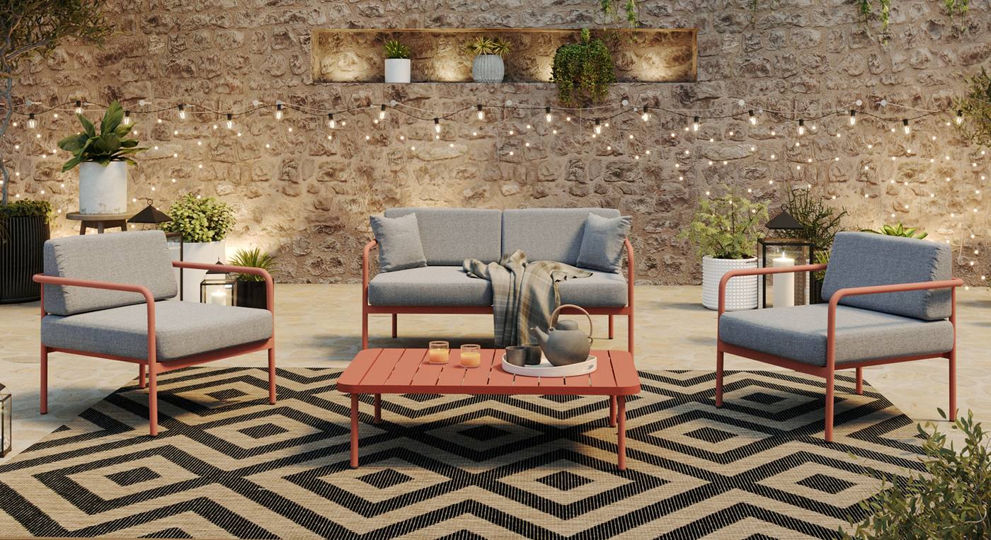 Conjunto Aluminio Cannes - Conjunto de jardín formado por sofá 2 plazas, 2 sillones y mesa de centro. Disponible en dos colores diferentes.