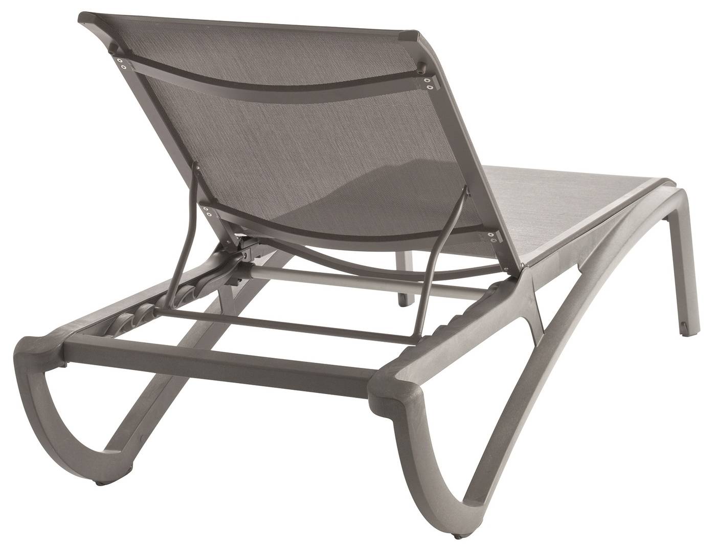 Cama/tumbona Sunset - Cama/tumbona apilable , con ruedas, de fibralite y textileno. Disponible en color blanco, gris, bronce, o negro.