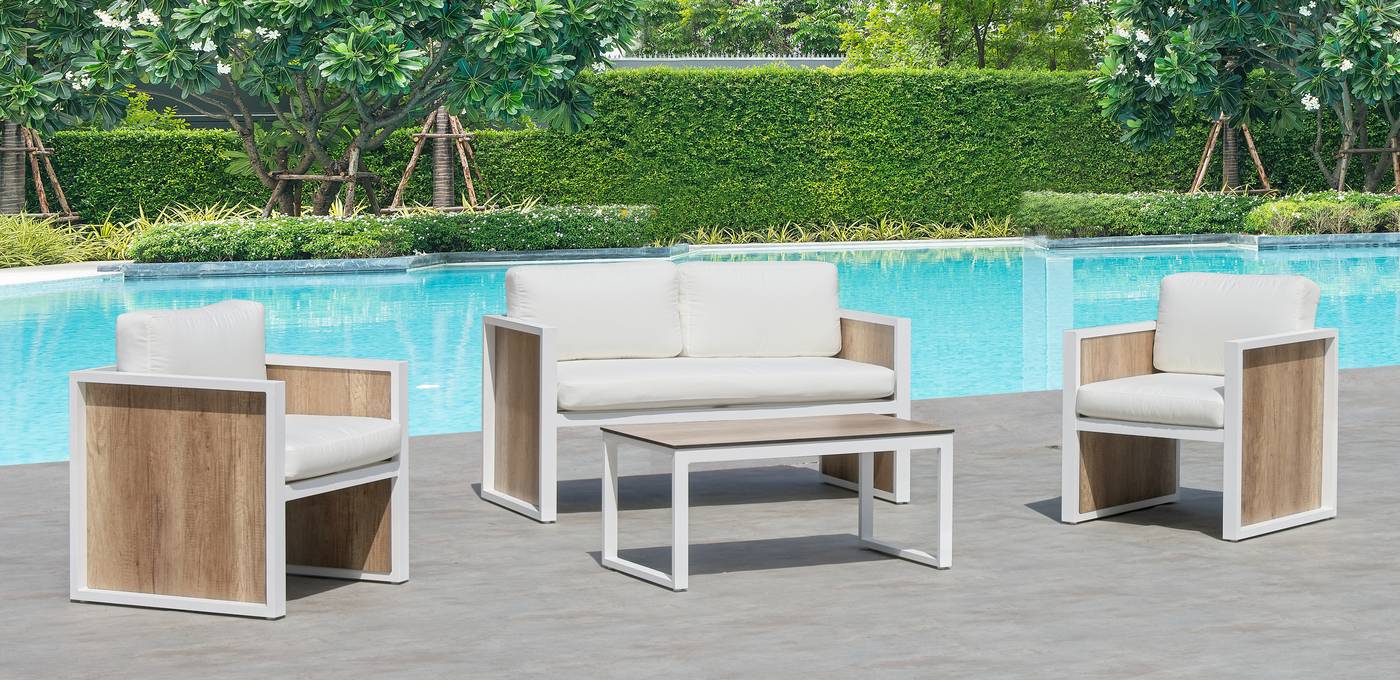 Conjunto de alumino color blanco y HPL color maderma: sofá 2 plazas + 2 sillones + 1 mesa de centro.