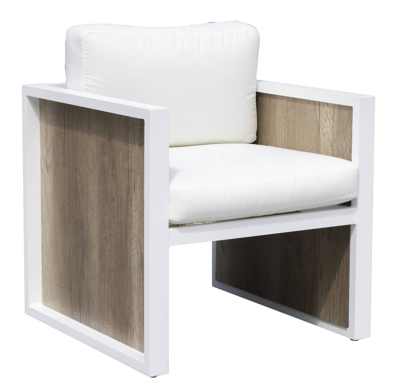 Set Aluminio Ainara-7 - Conjunto de alumino color blanco y HPL color maderma: sofá 2 plazas + 2 sillones + 1 mesa de centro.