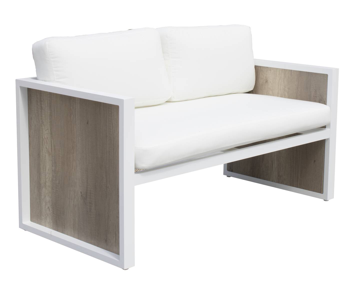 Set Aluminio Ainara-7 - Conjunto de alumino color blanco y HPL color maderma: sofá 2 plazas + 2 sillones + 1 mesa de centro.