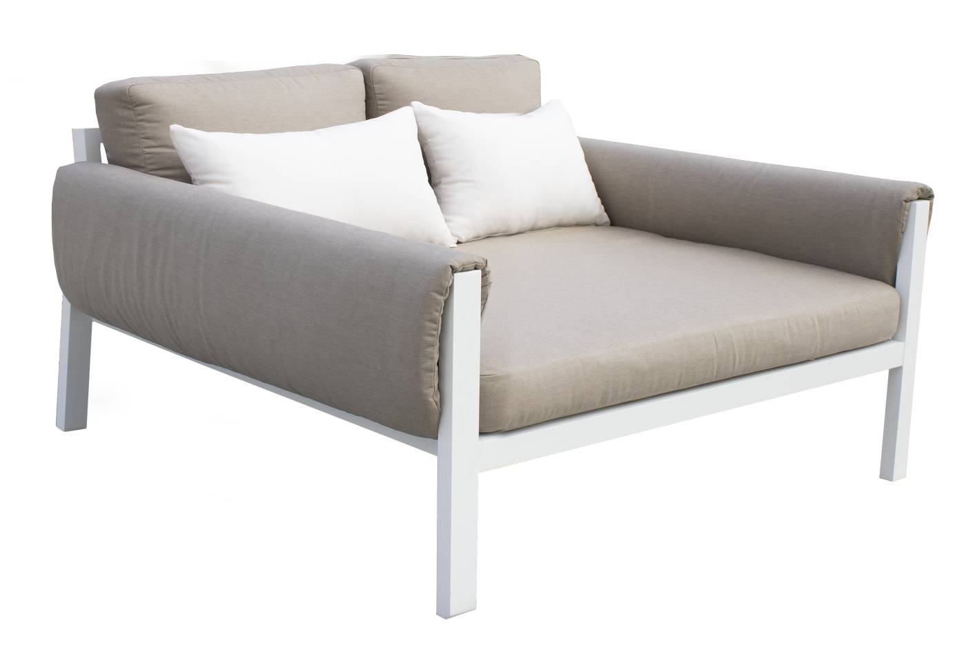 Sofá/cama 2 plazas, con opción de cojines en los brazos. En color: blanco, antracita, marrón, champagne o plata.