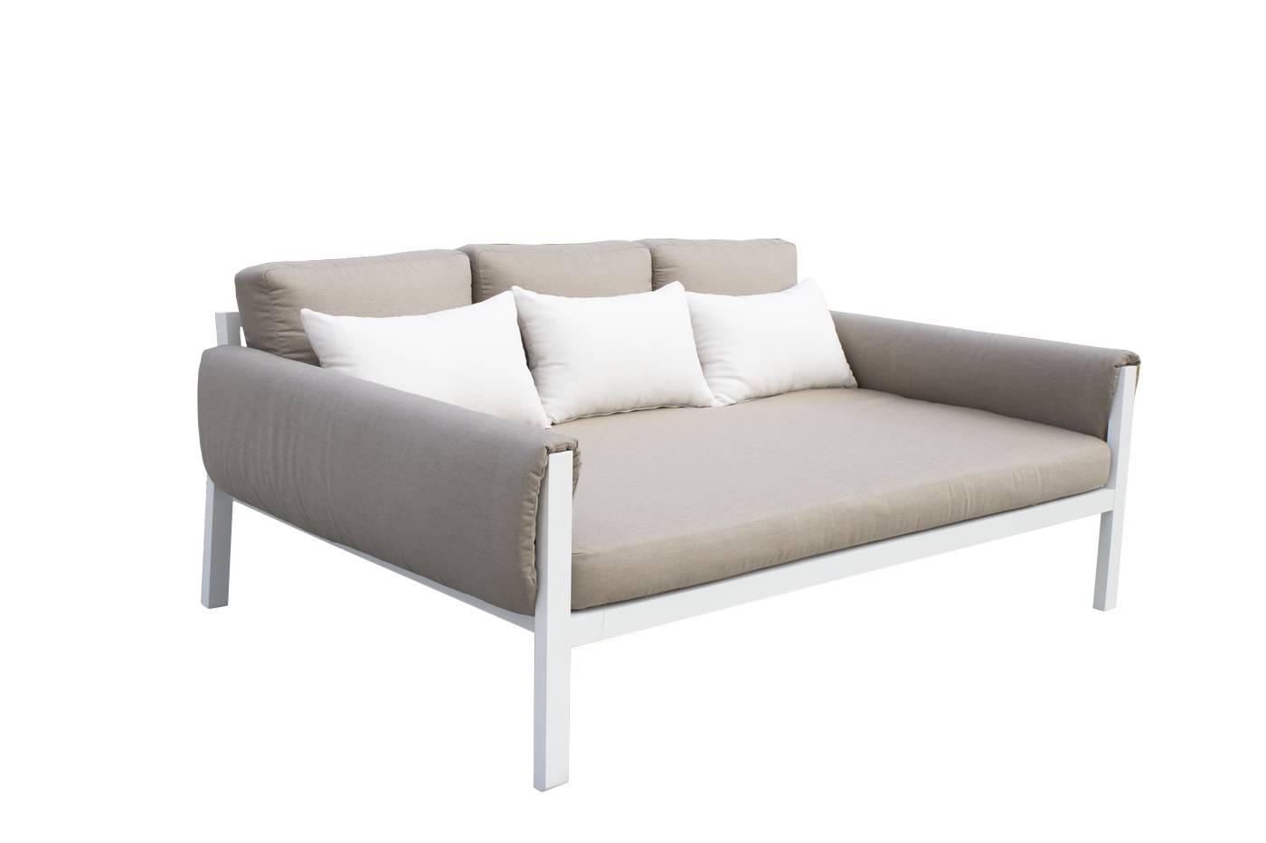 Sofá/cama 3 plazas, con opción de cojines en los brazos. En color: blanco, antracita, marrón, champagne o plata.