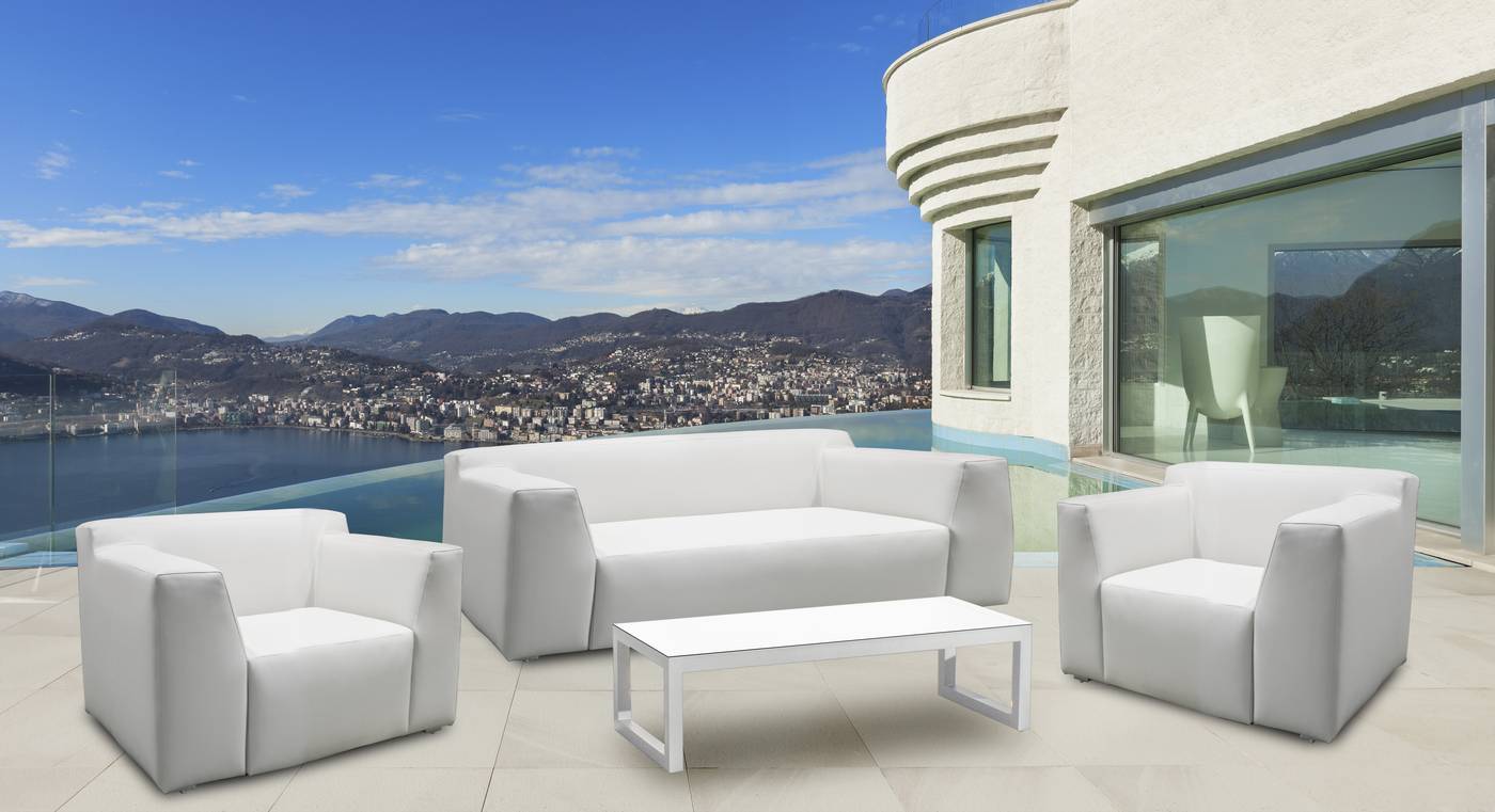 Conjunto de aluminio tapizado con piel nautica o premiun: sofá de 2 o 3 plazas + 2 sillones + 1 mesa de centro. Disponible en varios colores y tipos de tapizado.