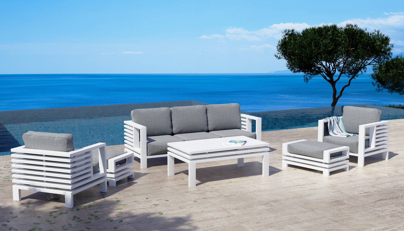 Conjunto super lujo de aluminio: sofá de 3 plazas + 2 sillones + 1 mesa de centro. Colores blanco, antracita, marrón, champagne o plata.