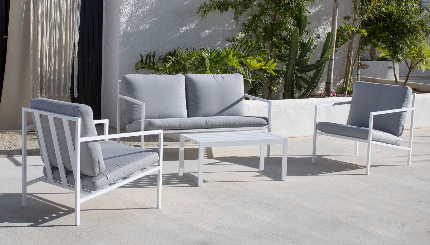 Conjunto aluminio: sofá 2 plazas + 2 sillones + 1 mesa de centro. Estructura color blanco o antracita.