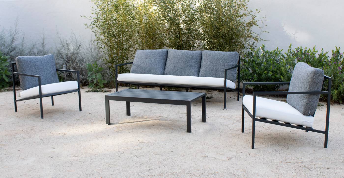 Conjunto aluminio: sofá 3 plazas + 2 sillones + 1 mesa de centro. Estructura color blanco o antracita.