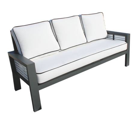 Exclusivo sofá 3 plazas de alumnio bicolor, con cojines gran confort desenfundables.