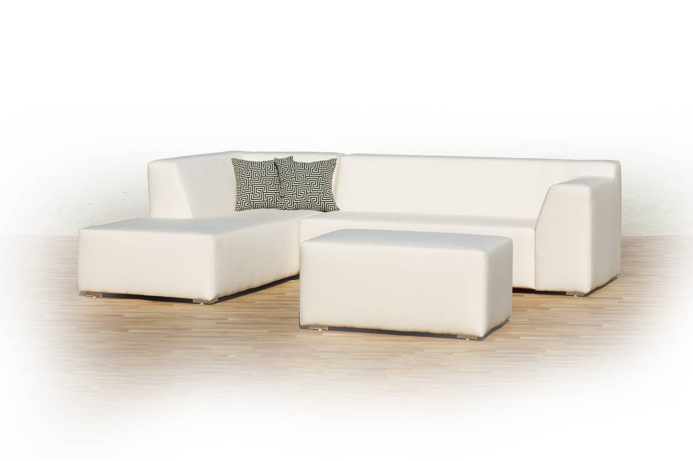 Set Chaiselongue Ganges - Lujoso conjunto de aluminio tapizado con piel nautica o premiun: Chaiselonge + sofá 2/3 plazas + mesa de centro.