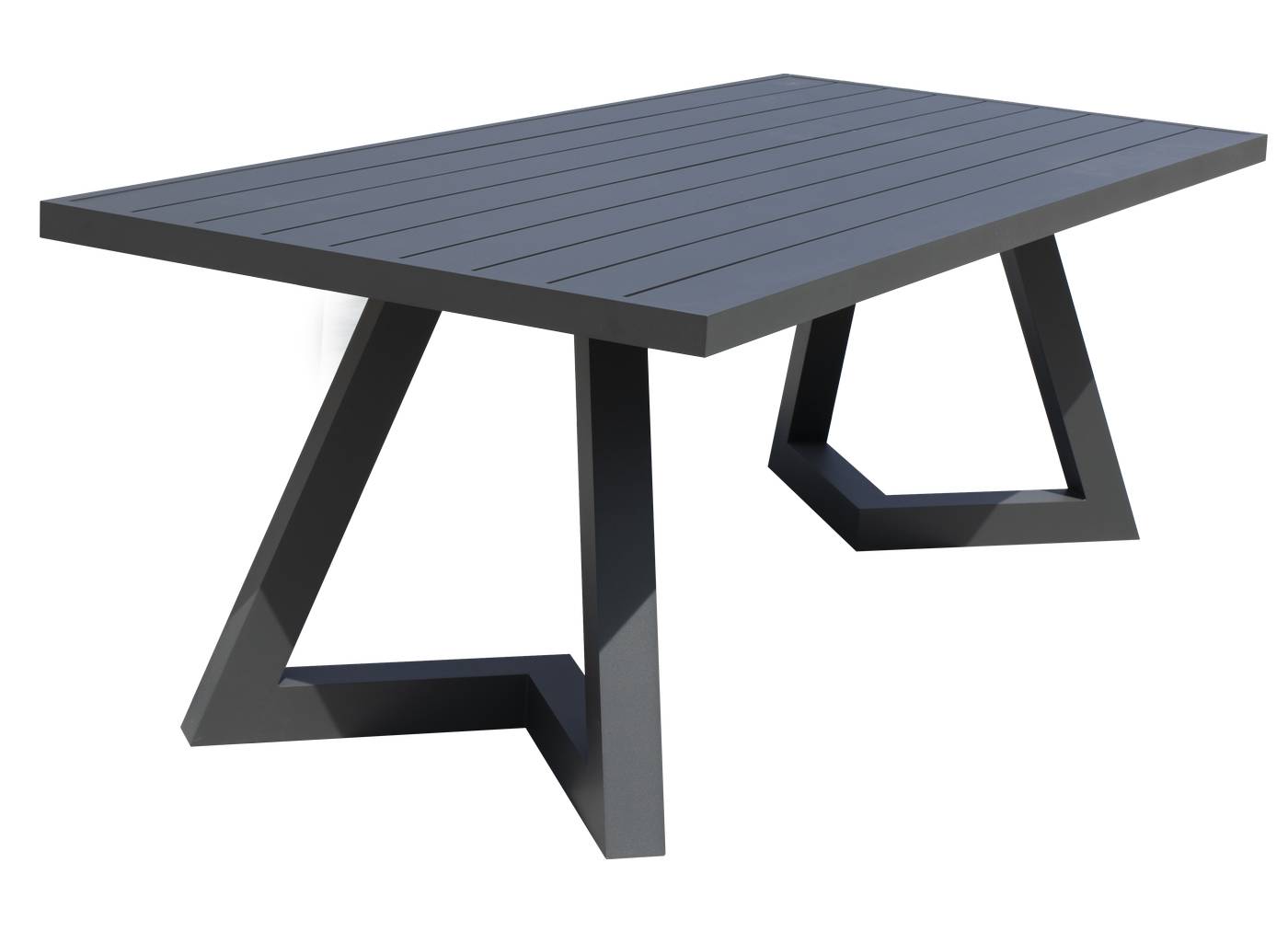 Mesa de aluminio con tablero de HPL o de lamas de aluminio. Disponible en dos medidas (180 y 220 cm) y en varios colores.
