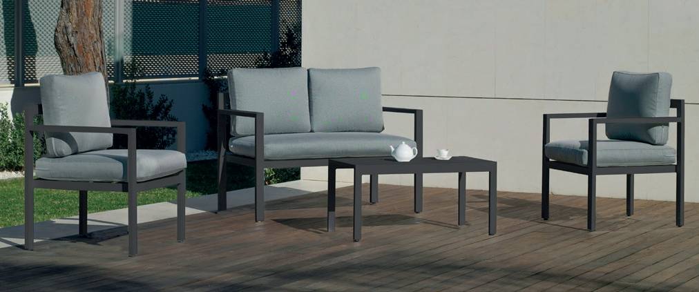 Conjunto de aluminio: sofá 2 plazas + 2 sillones + 1 mesa de centro + cojines. Estructura de color blanco o antracita.
