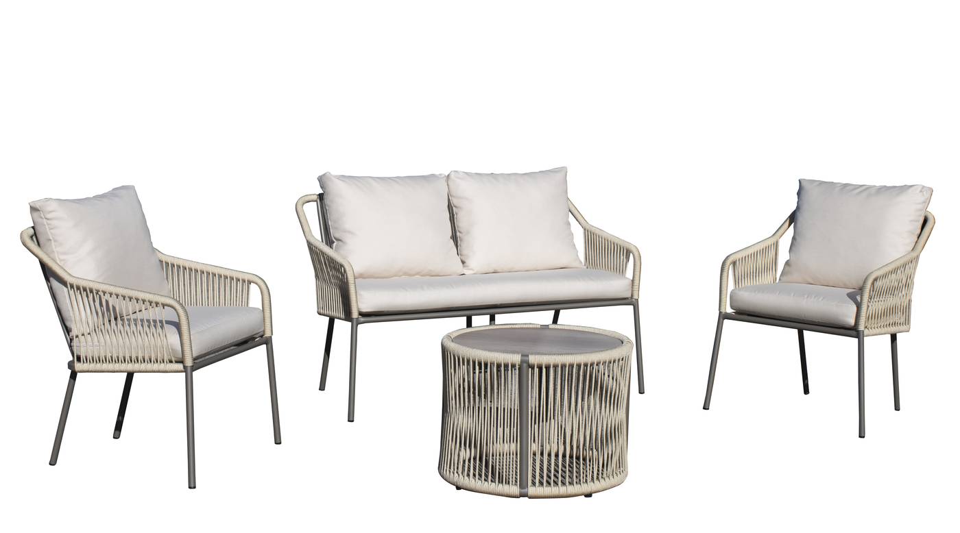 Conjunto aluminio color blanco, antracita o champagne con cuerda redonda: 1 sofá de 2 plazas + 2 sillones + 1 mesa de centro.