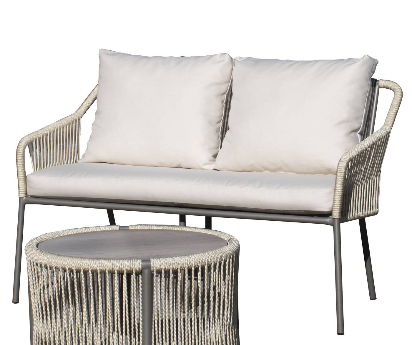 Sofá relax 2 plazas con cojines desenfundables. Estructura de aluminio color blanco, antracita o champagne recubierta de cuerda