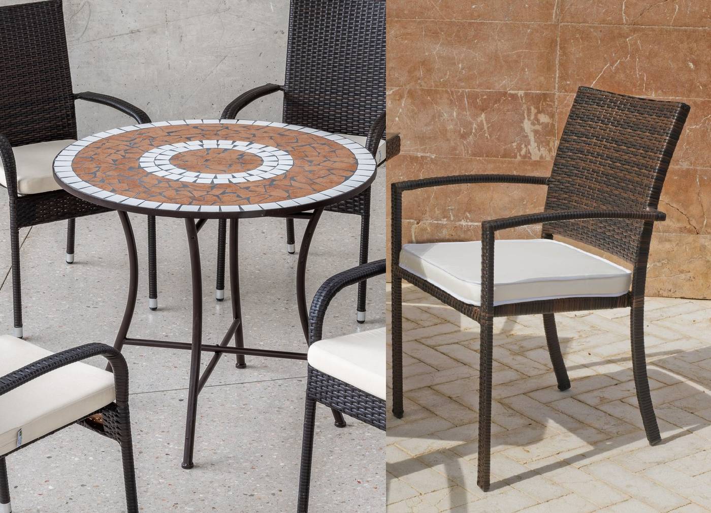 Conjunto de forja color marrón: mesa circular con tablero mosaico de 90 cm + 4 sillones de ratán sintético.