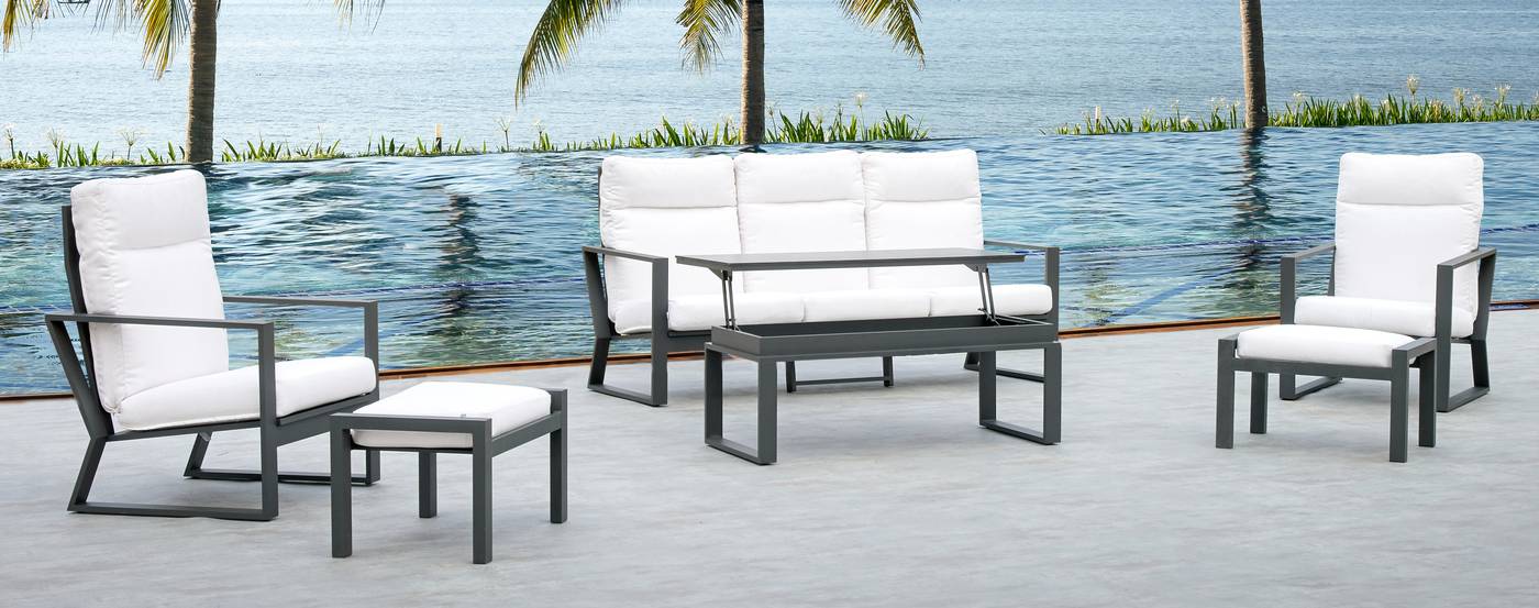 Conjunto de aluminio formado por: 1 sofá de 3 plazas + 2 sillones + 1 mesa de centro elevable. Colores: blanco, plata, marrón, champagne o antracita.