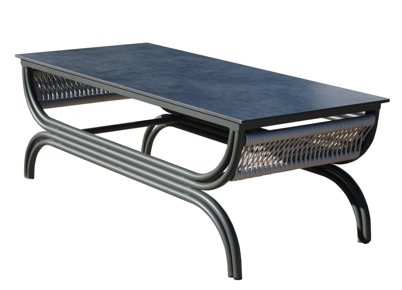 Set Aluminio Saona-10 - Conjunto de alumino y cuerda: sofá de 3 plazas + 2 sillones + 1 mesa de centro + 2 reposapiés. Colores: blanco, antracita, marrón, champagne o plata.