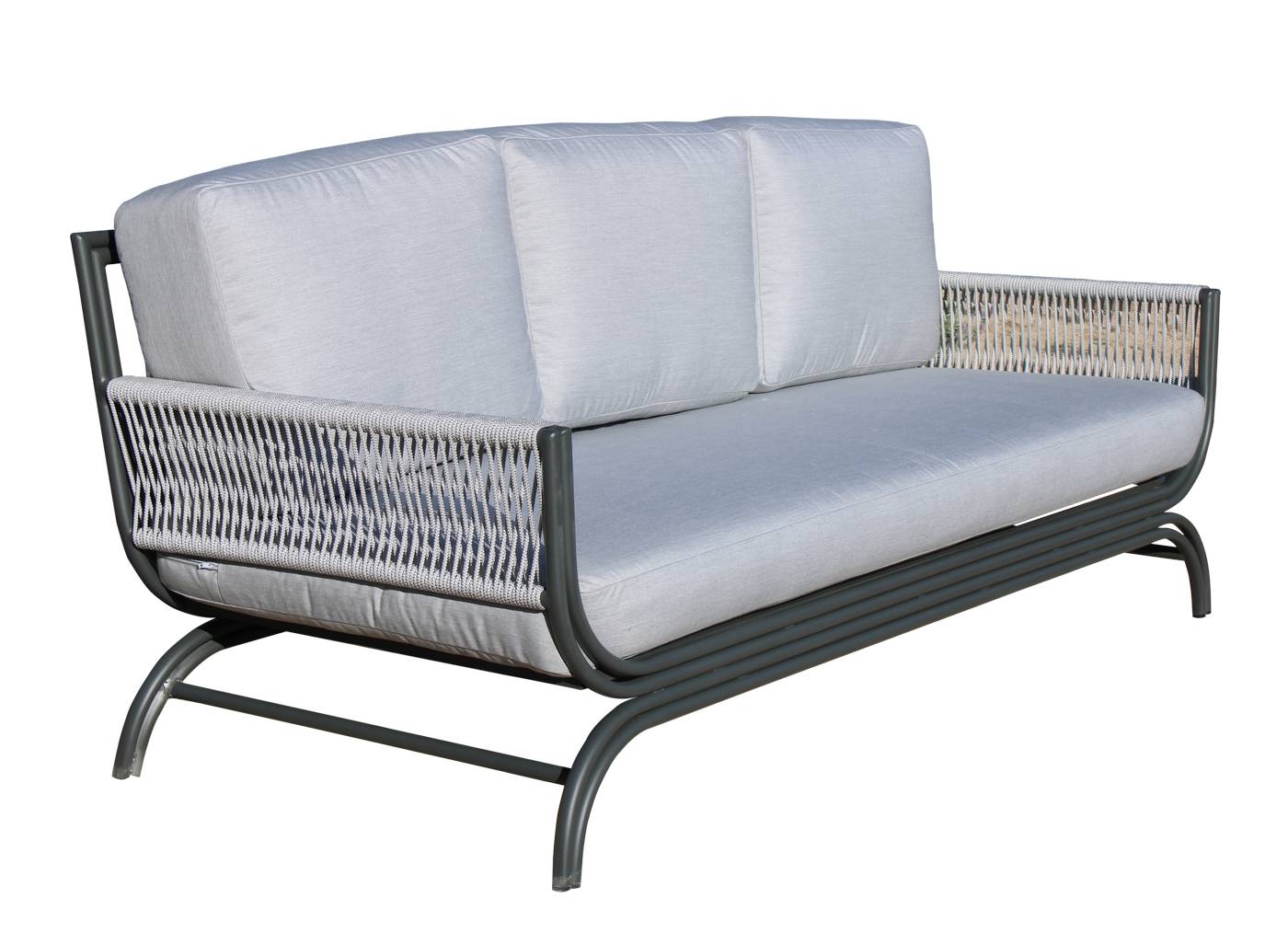 Set Aluminio Saona-8 - Conjunto de alumino y cuerda: sofá de 3 plazas + 2 sillones + 1 mesa de centro. Colores: blanco, antracita, marrón, champagne o plata.