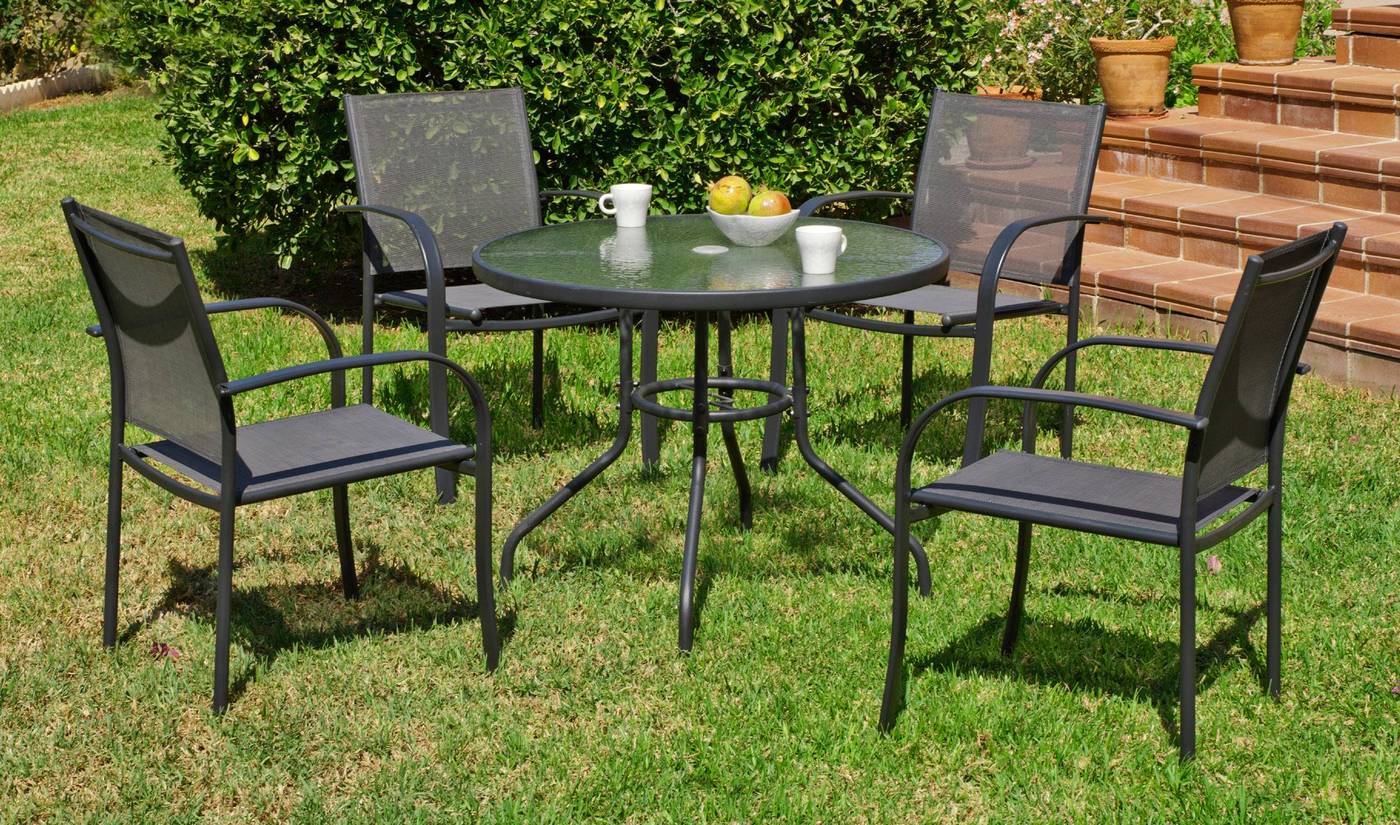 Conjunto de acero color antracita: mesa redonda de 90 cm. Con tapa de cristal templado + 4 sillones de acero y textilen