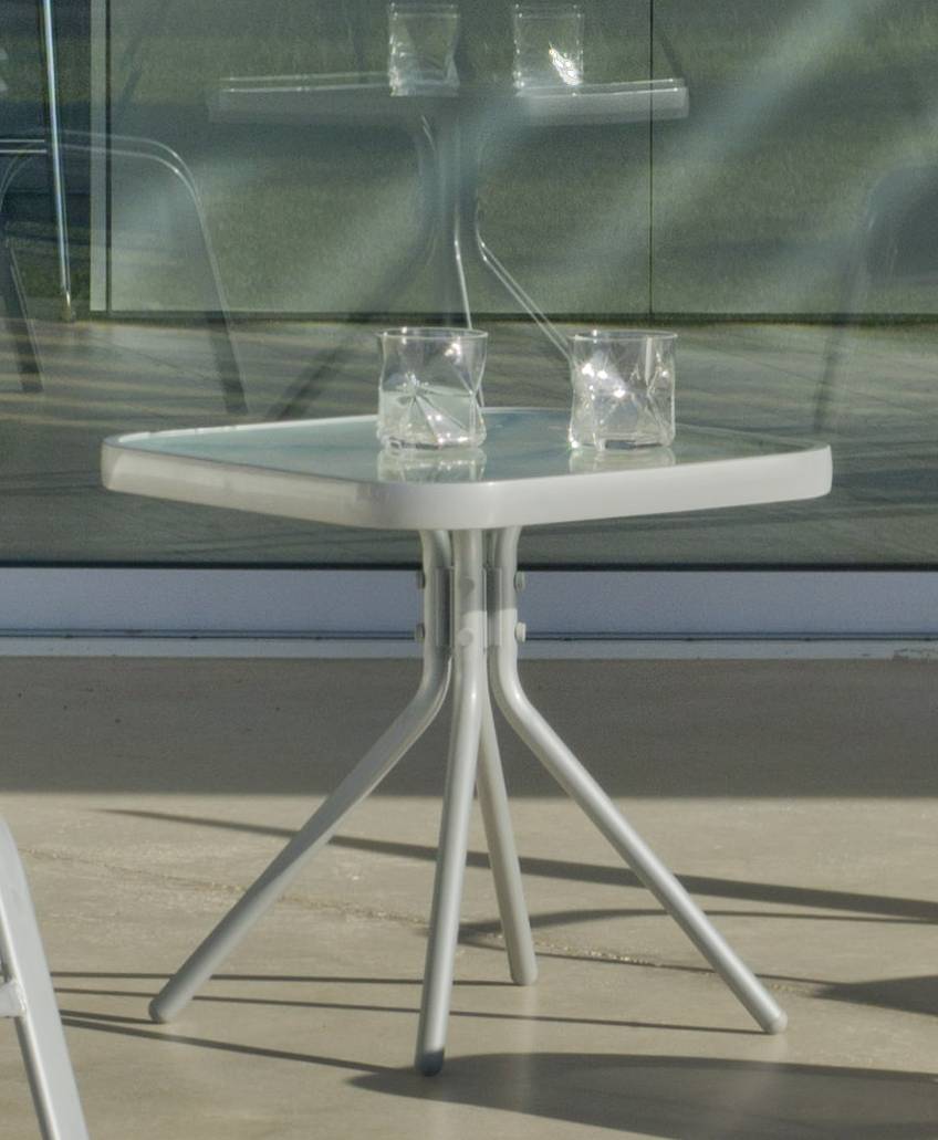 Conjunto Acero Seúl-21 - Conjunto de acero inoxidable color plata: mesa auxiliar con tablero de cristal templado + 2 sillones apilables de acero y textilen + reposapies
