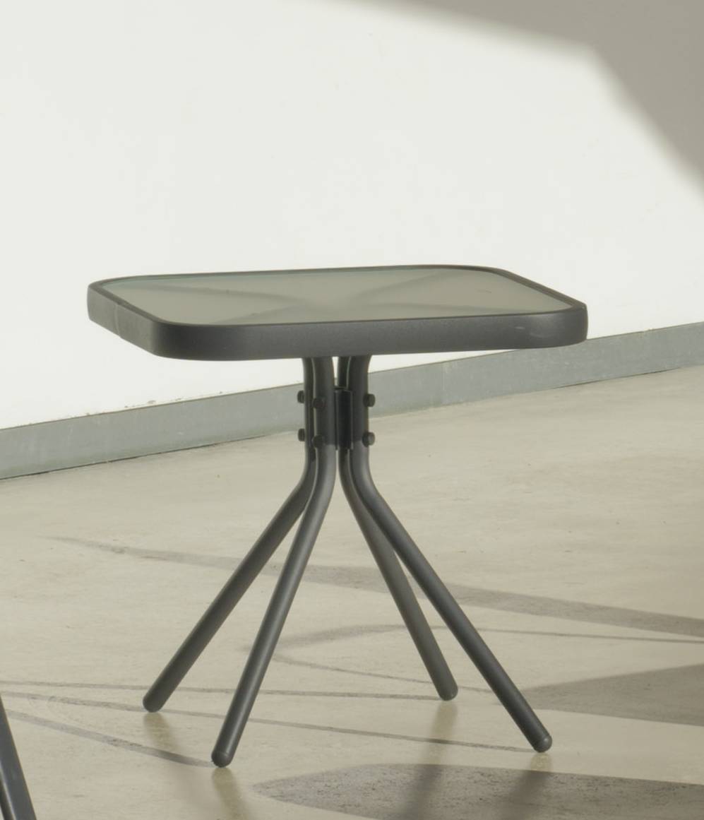 Set Acero Sulam-21 - Conjunto de acero inoxidable color antracita: mesa auxiliar con tapa de cristal templado + 2 sillones apilables de acero y textilen + reposapies