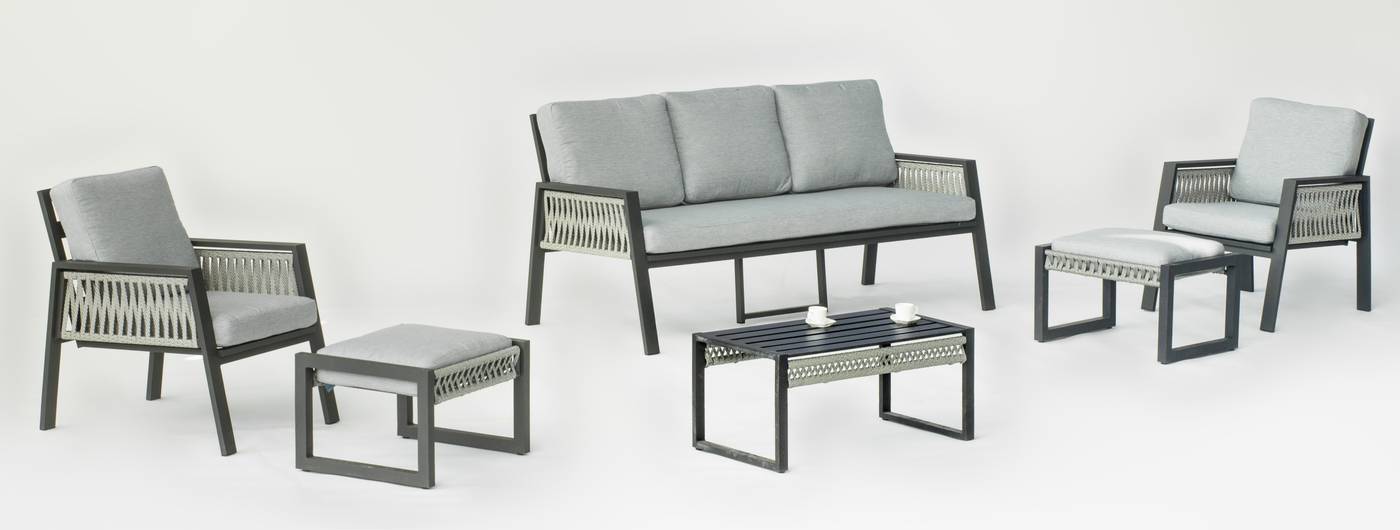 Set Aluminio Aldara-10 - Conjunto aluminio y cuerda: 1 sofá de 3 plazas + 2 sillones + 1 mesa de centro + 2 taburetes + cojines. En color blanco, gris, marrón o champagne.