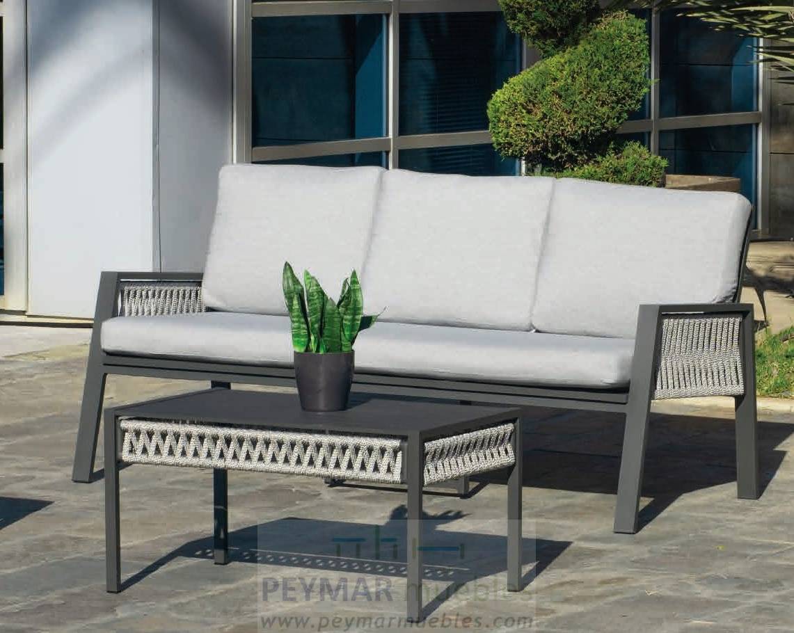 Set Aluminio Aldara-8 - Conjunto aluminio y cuerda: 1 sofá de 3 plazas + 2 sillones + 1 mesa de centro + cojines. En color blanco, gris, marrón o champagne.