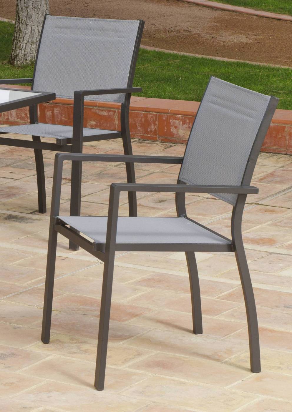 Set Aluminio Horizon Ext. - Conjunto de aluminio color antracita: mesa extensible 150-200 cm. + 6 sillones apilables de alumino y textilen