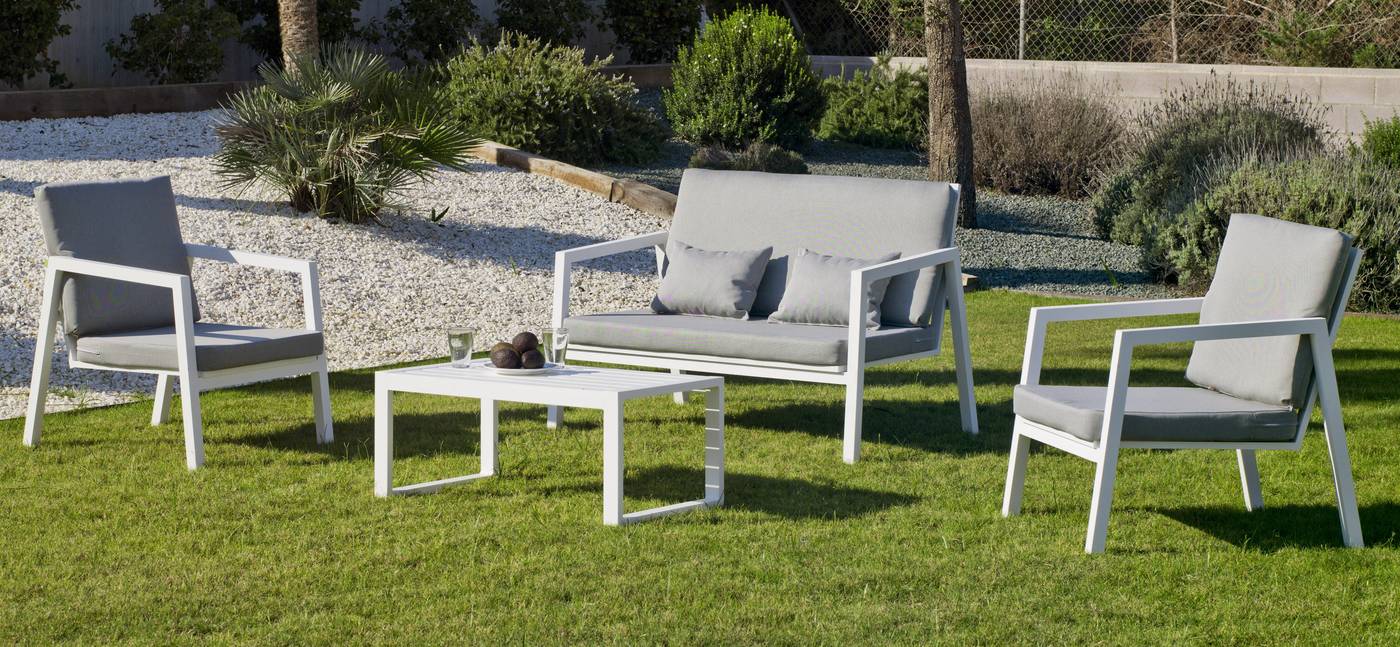 Set Aluminio Ágata-7 - Conjunto de aluminio apilable: 1 sofá de 2 plazas + 2 sillones + 1 mesa de centro. Disponible en color blanco, antracita, champagne, plata o marrón.