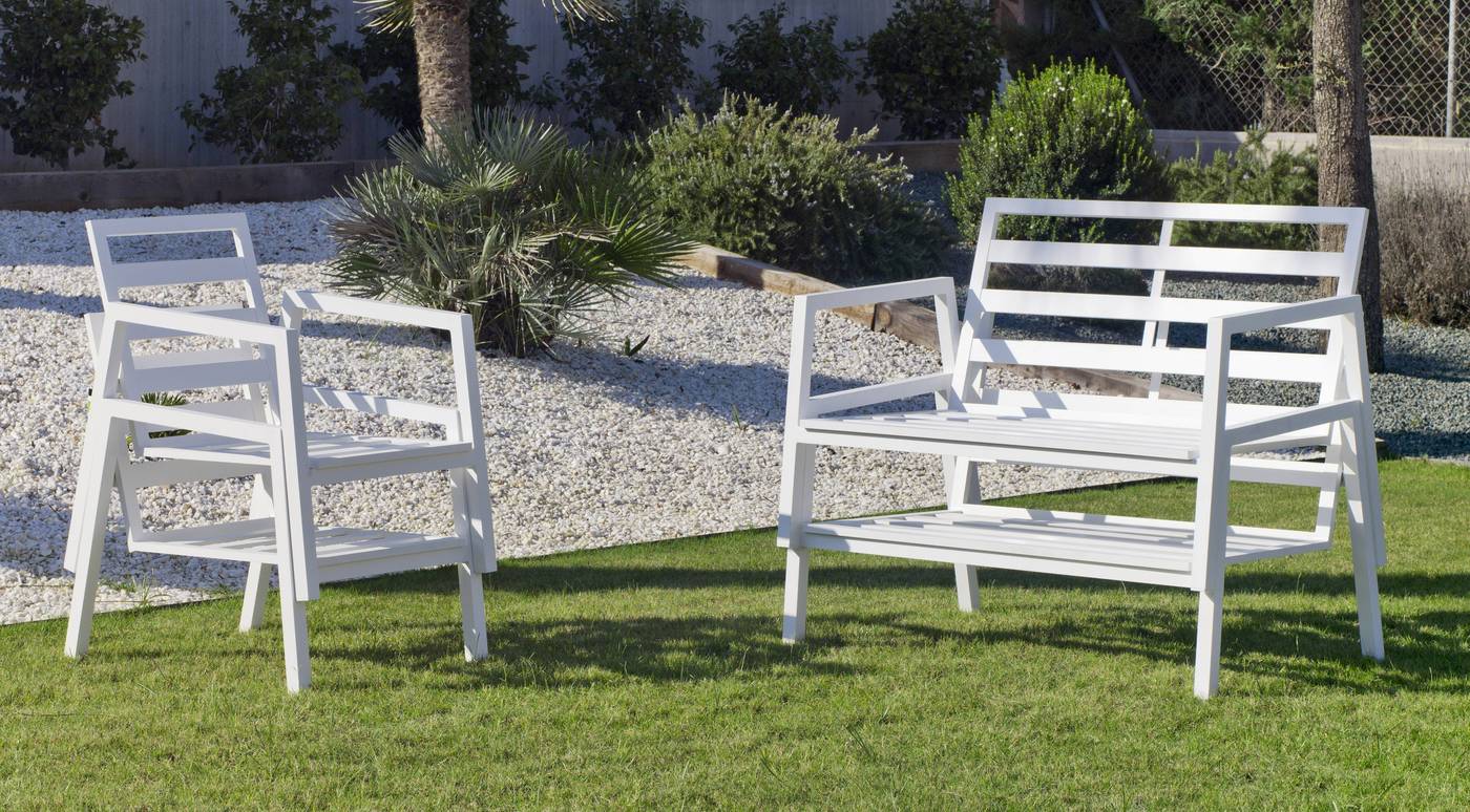 Set Aluminio Ágata-7 - Conjunto de aluminio apilable: 1 sofá de 2 plazas + 2 sillones + 1 mesa de centro + cojines. Disponible en color blanco, plata o antracita.
