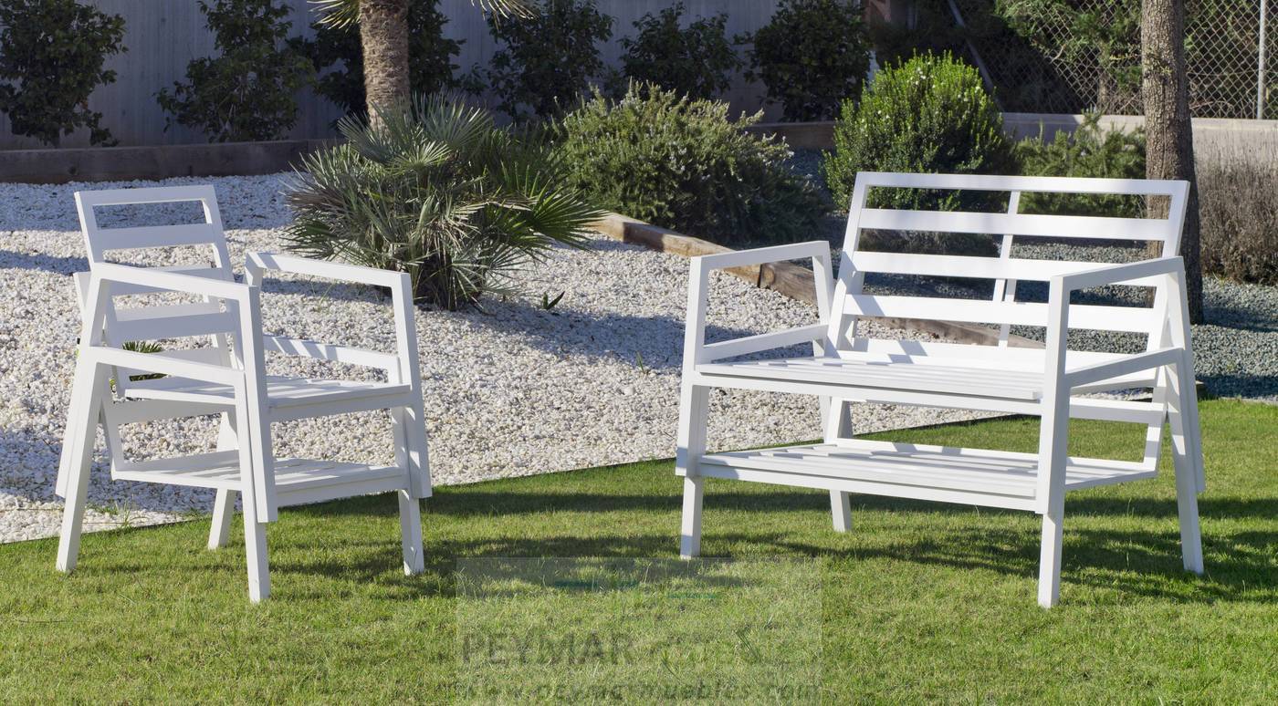 Set Aluminio Ágata-7 - Conjunto de aluminio apilable: 1 sofá de 2 plazas + 2 sillones + 1 mesa de centro. Disponible en color blanco, antracita, champagne, plata o marrón.