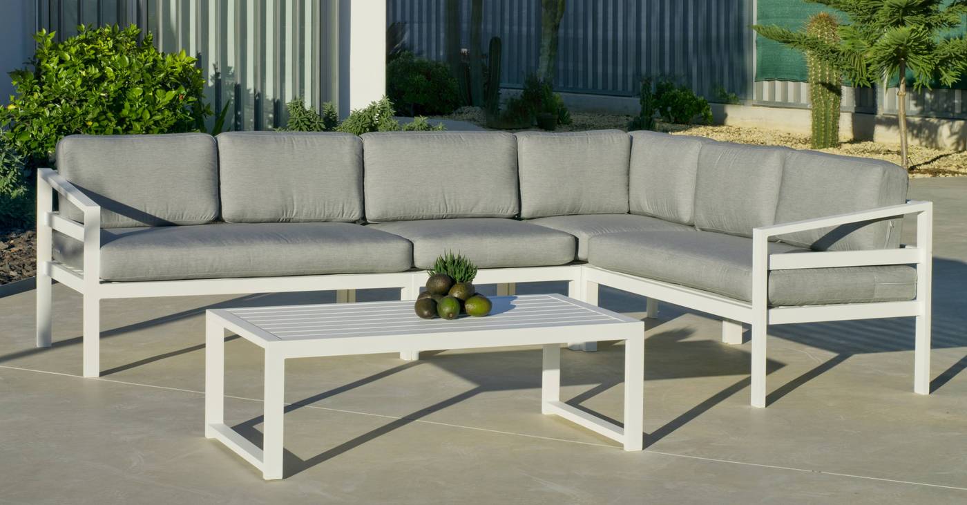Rinconera modular de aluminio luxe color blanco o antracita: 2 sofás laterales + 1 módulo rinconera central + mesa centro rectangular +  cojines.