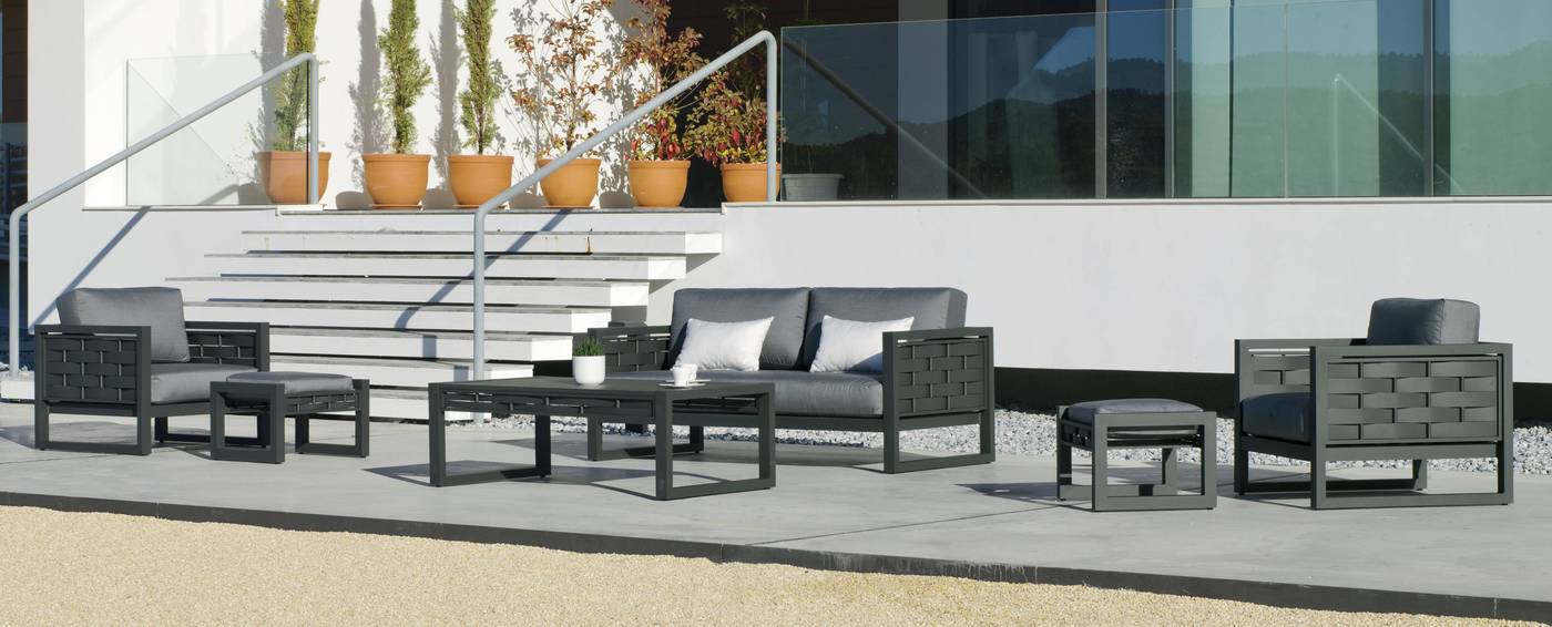 Set Aluminio Luxe Augusta-7 - Lujoso conjunto de aluminio luxe: 1 sofá de 2 plazas + 2 sillones + 1 mesa de centro + cojines. Estructura de color blanco, antracita o champagne.