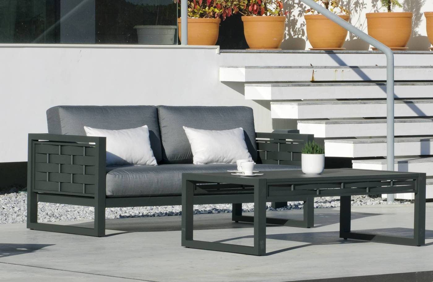 Mesa Aluminio Luxe Augusta-4 - Lujosa mesa de centro para jardín o terraza. Estructura 100% de aluminio en color blanco, antracita o champagne.
