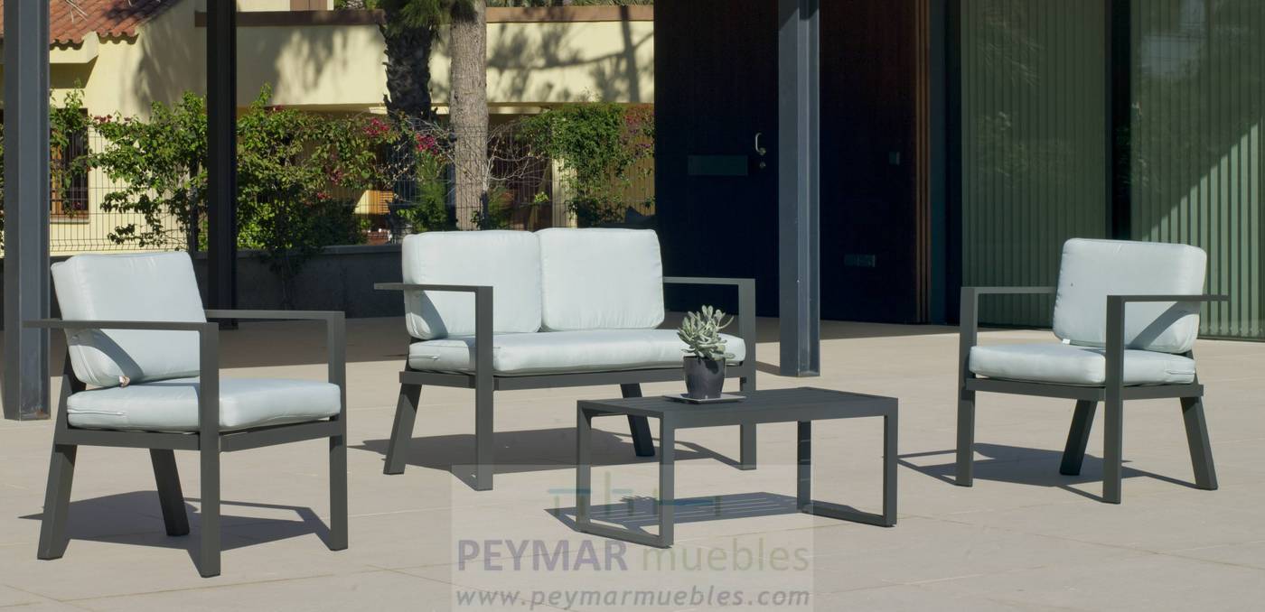 Conjunto Aluminio Luxe Azores-7 - Conjunto de aluminio luxe: 1 sofá de 2 plazas + 2 sillones + 1 mesa de centro. Disponible en color blanco, antracita, champagne, plata o marrón.