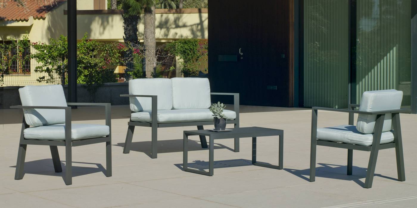 Conjunto de aluminio luxe: 1 sofá de 2 plazas + 2 sillones + 1 mesa de centro + cojines. Disponible en color blanco y antracita.