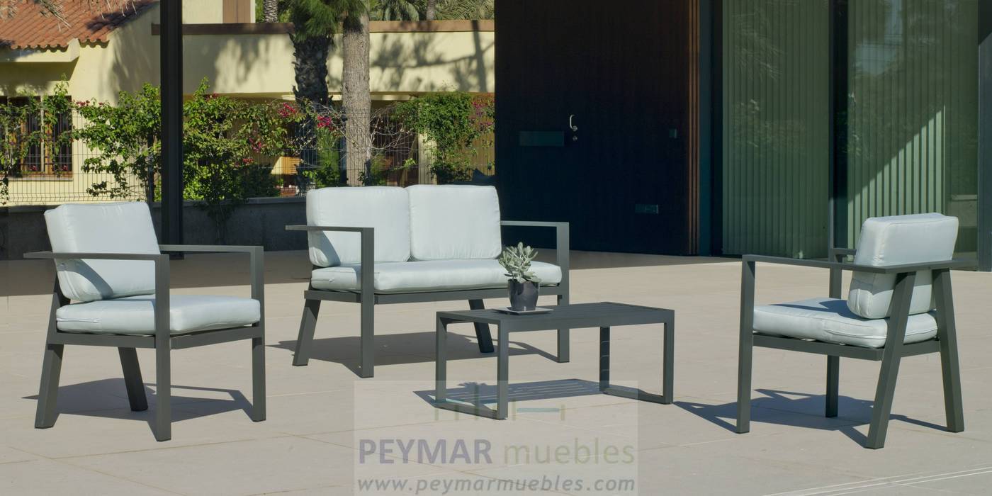 Conjunto de aluminio luxe: 1 sofá de 2 plazas + 2 sillones + 1 mesa de centro. Disponible en color blanco, antracita, champagne, plata o marrón.