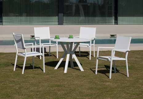 Set Aluminio Baracoa-Córcega 100-4 - Moderno conjunto de aluminio luxe: Mesa de comedor poligonal de 100 cm. + 4 sillones de textilen. Disponible en color blanco, antracita, champagne, plata o marrón.
